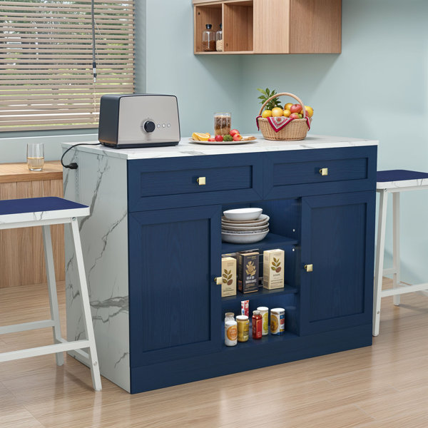 Wrought Studio™ Portable Kitchen Island Kitchen Table with 2 Bar Stools ...